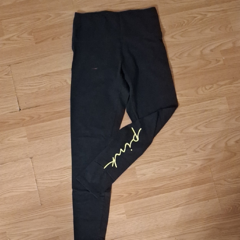PINK Victoria's Secret Black Leggings with Yellow Logo